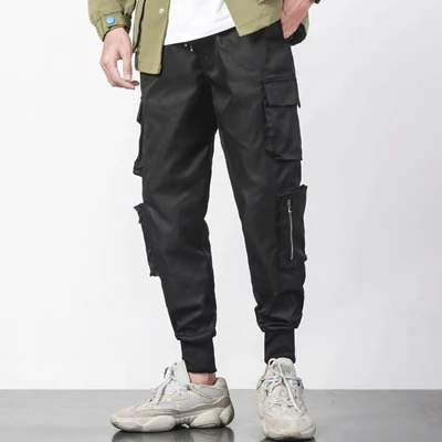 Hip Hop Men Cargo Jogger Pants Drawstring Elastic Waist Side Big Pockets