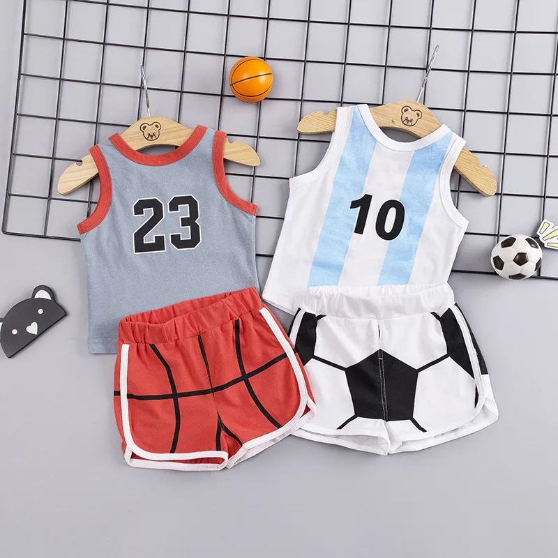 2019 New Baby Boy Clothing Set Sports Vests Set Basketball and Soccer Printing Pants Active Outfit Cool and Easy Clean Clothes
