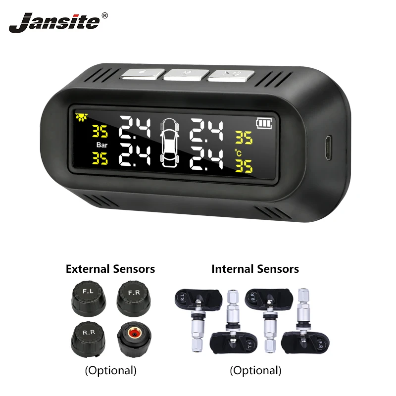 

Jansite Tpms Solar Wireless Tire Pressure Monitoring System Car Security 12V LCD digital Attached to glass with 4 sensors PSI