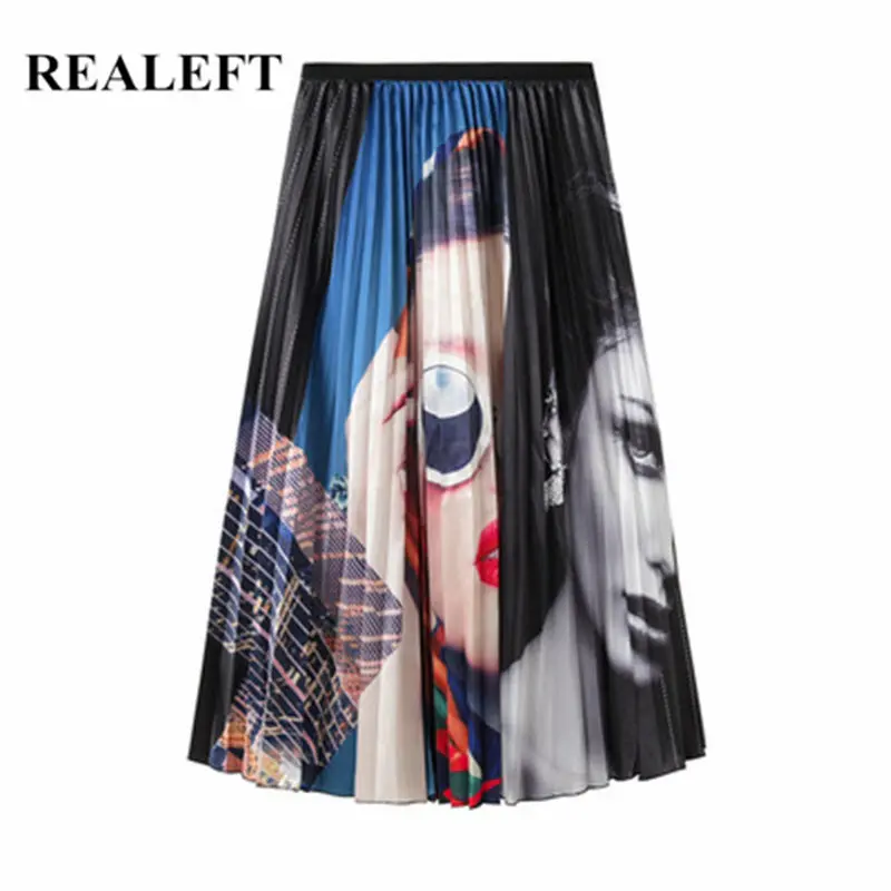 

REALEFT Spring Summer 2019 New Arrival Cartoon Printed A-Line Long Skirts High Waist Tulle Party Maxi Pleated Skirts for Womens