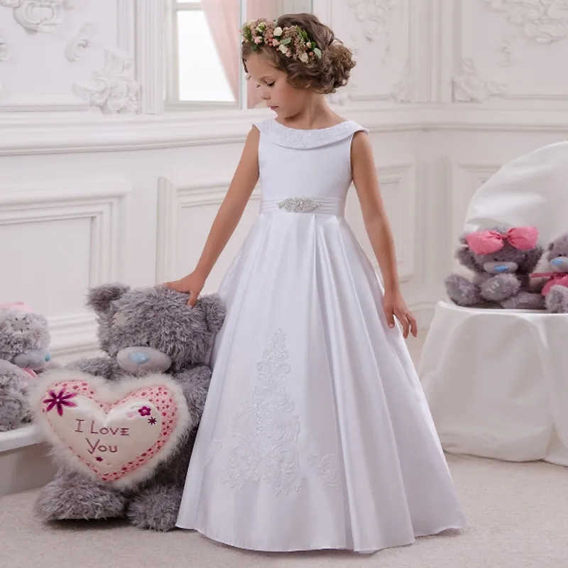 White Ivory Satin Girls First Communion Dress with Beaded Sash Little Princess Birthday Dress Flower Girls Dresses for Wedding White Ivory Satin Girls First Communion Dress with Beaded Sash Little Princess Birthday Dress Flower Girls Dresses for Wedding