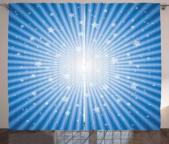 

Vintage Blue Curtains Concentric Stripes with Stars Retro Style Sunburst Effect Abstract Design Living Room Bedroom Window