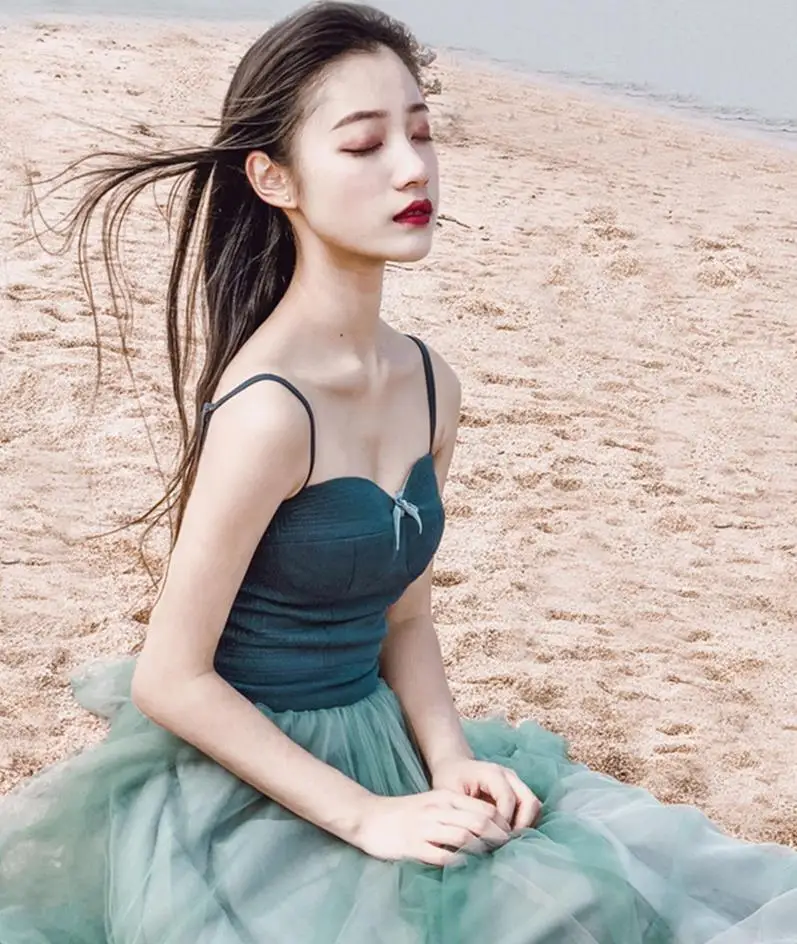 

Green Fit and Flare Mesh Overlay Dress Women Sexy 2019 Summer V-Neck Long Sleeve High Waist Dresses Sundress