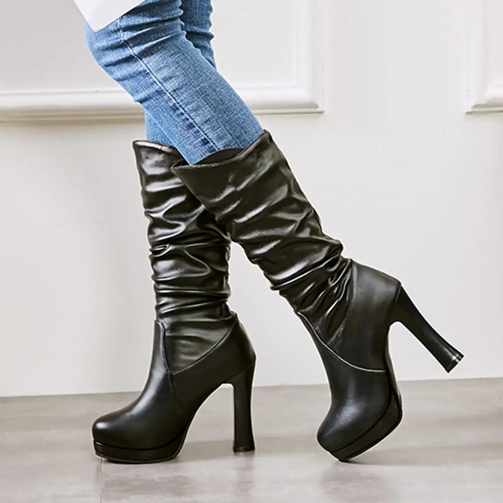 KarinLuna/осенне-зимняя обувь на не сужающемся книзу высоком массивном каблуке, большие размеры 33-43 женские ботинки женские сапоги до середины икры на платформе с мехом без застежки