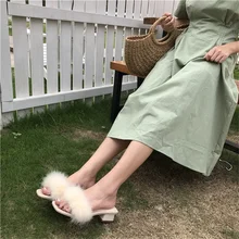 2019Summer female slippers fashion fluffy plush decorative sandals square high-heeled open-toe women's slippers apricot contrast point toe pu heeled slippers