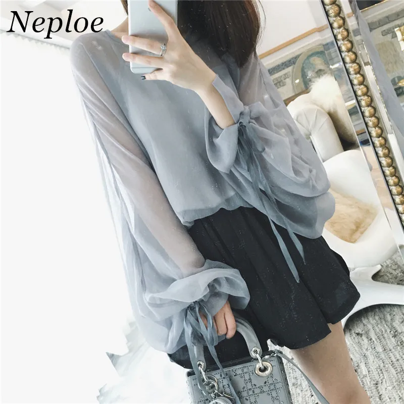 

Korean Lace Up Long Sleeve Chiffon Women Blusa New Fashion Solid Blouse Casual Loose Perspective Two Piece Set Tops 64806