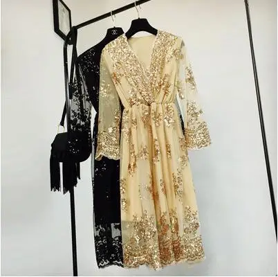 2019 Autumn Spring Women Bling Dresses Mid Calf Lace Long Dress V-neck Slim Flare Sleeve | Женская одежда