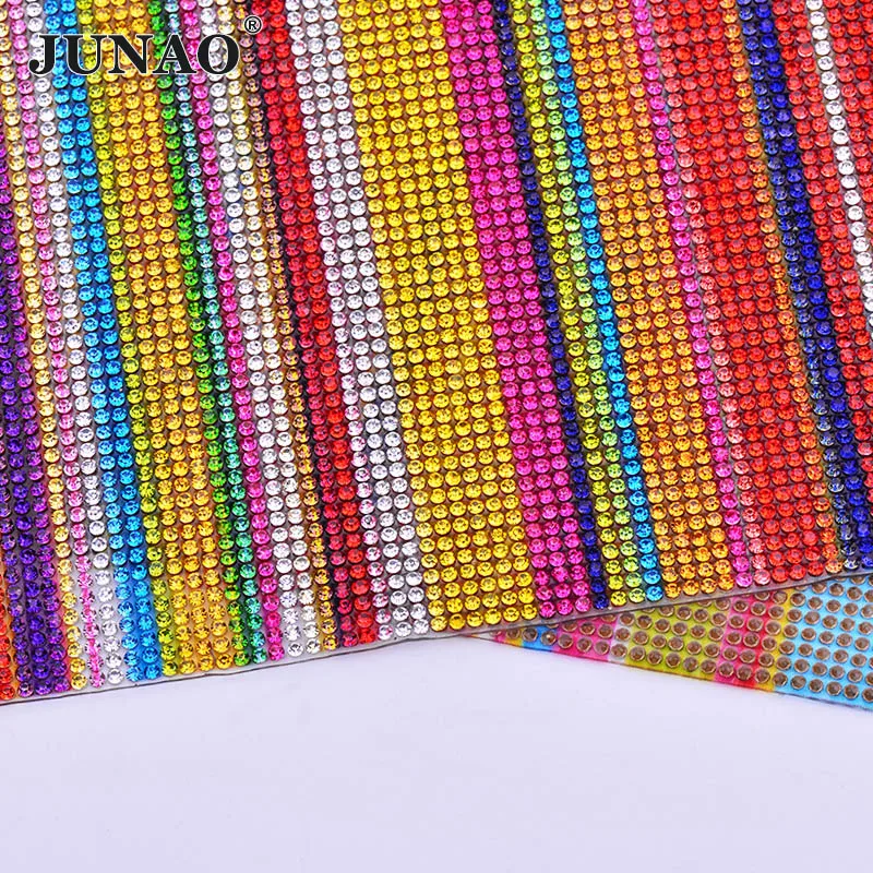 JUNAO 24x40cm Mix Color Stripe Crystal Self Adhesive Rhinestones Mesh