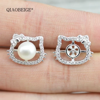

QIAOBEIGE diy accessory Hot Sale cute Kitty KT cat pearl Jewelry Stud Earrings For Wedding Elegant Silver Cubic Zirconia Earring