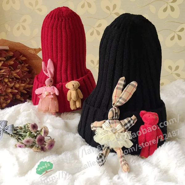 Для детей Кролик Медведь плюшевые куклы Осень Теплый Хип-хоп Кепки теплая шерсть Вязание Шапки для Для мужчин Для женщин