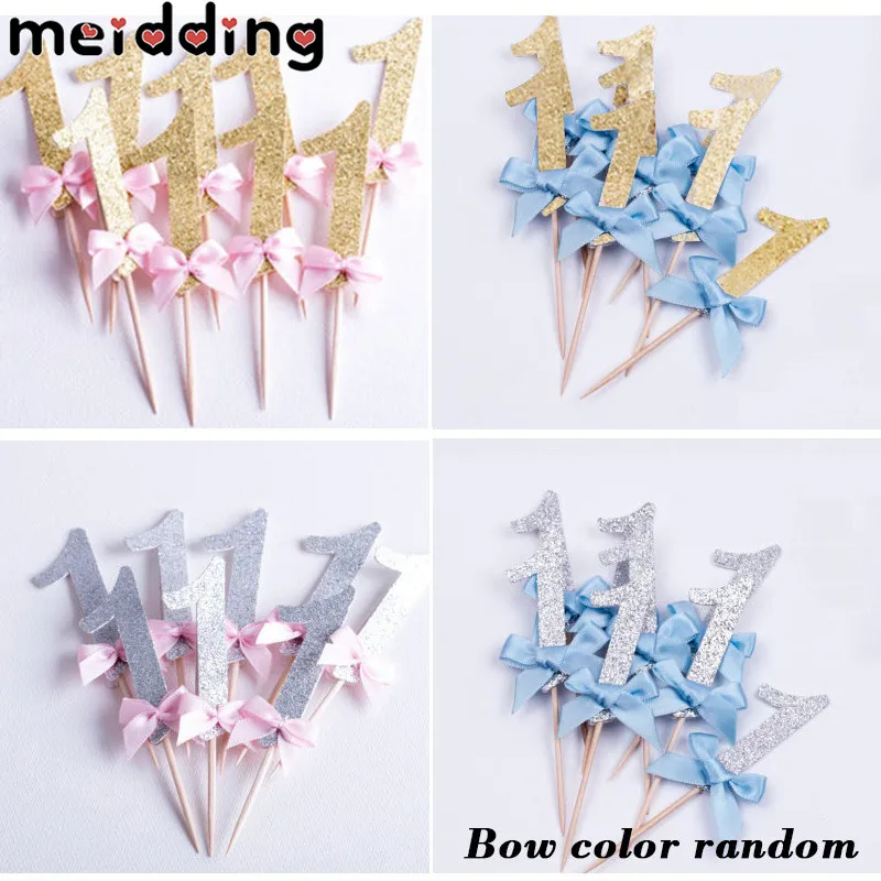 

MEIDDING 10Pcs/bag 1st Birthday Sparkling Number 1 Blue/Pink Ribbon Bow Cake Topper Birthday/Wedding/Babyshower Party Decoration