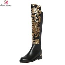 Оригинальные Великолепные женские сапоги до колена; красивые блестящие сапоги с круглым носком; женская обувь черного цвета; американские размеры 4-10