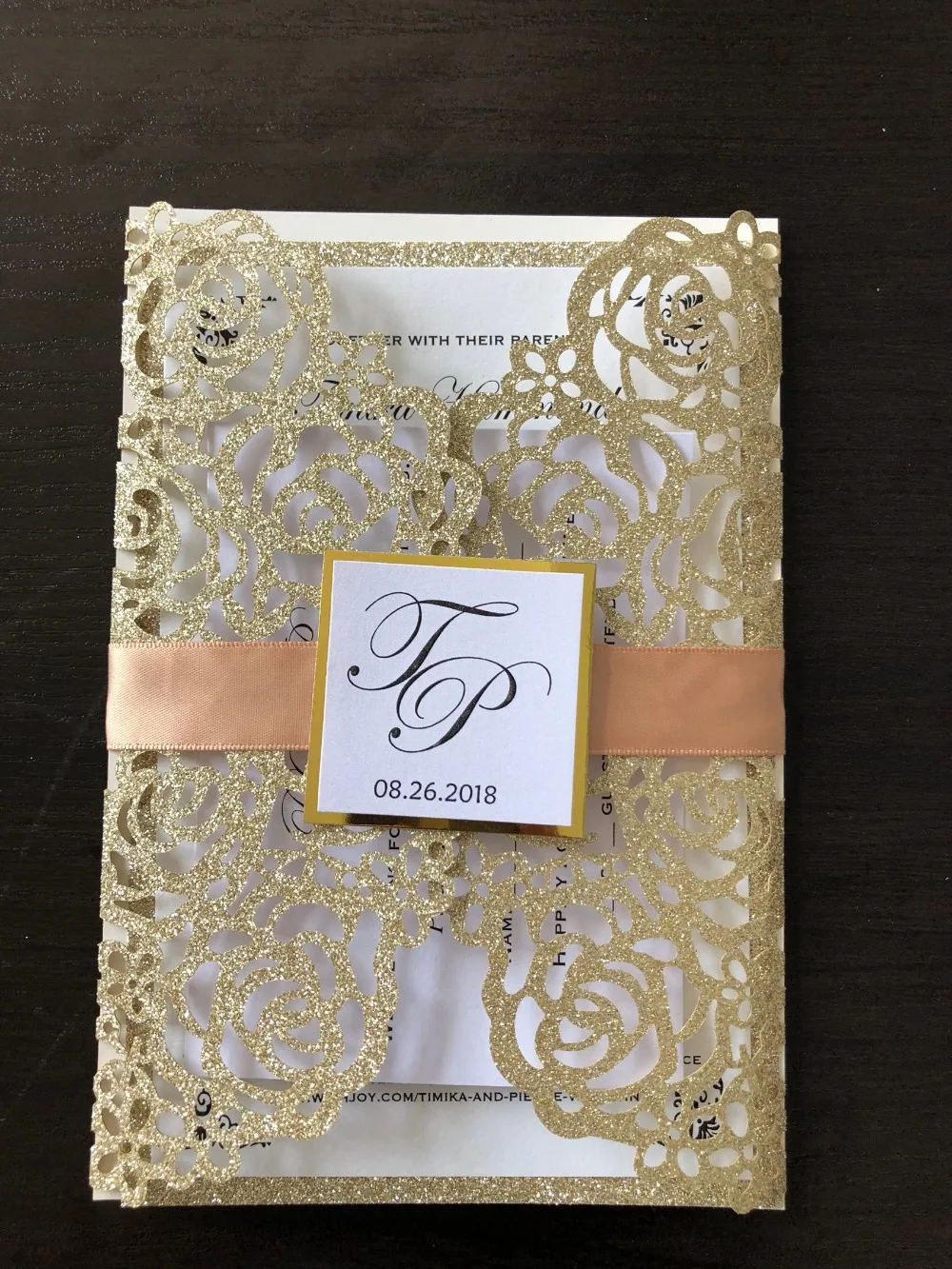 Glitter Gold Invitation Cards With Ribbon And Tag,Customized Laser Cut ...