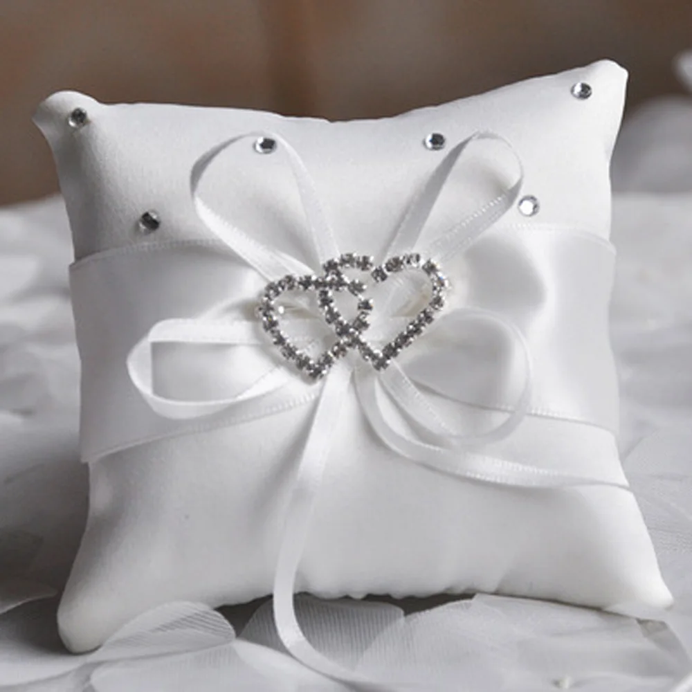 

Double Heart With Diamond Engagement Wedding Ring Pillow Cushion Bearer 4 Colors