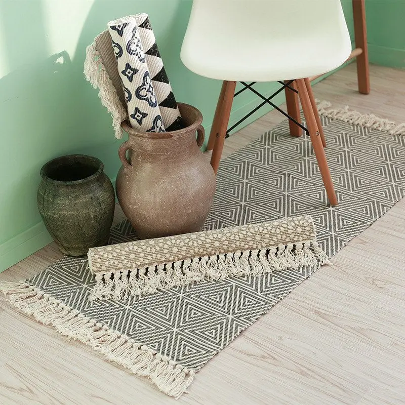 Retro Carpet For Sofa Living Room Bedroom Rug Cotton Tassels Yarn Dyed 60x90 cm Table Ruuner Bedspread Tapestry Home Decoration