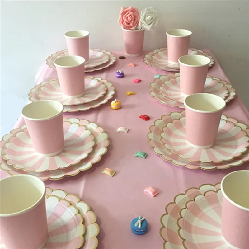 

Pink Stripe Disposable Party Tableware Sets Paper Plates Cups Napkins for Birthday Bridal Shower Children Party Decoration