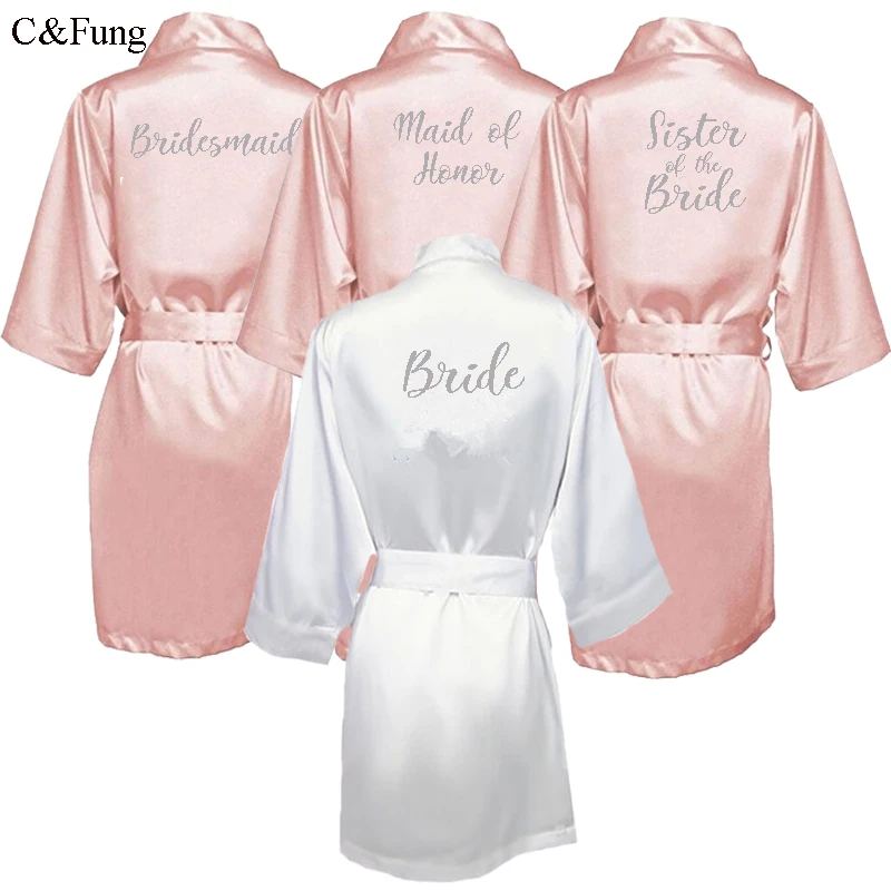 

C&Fung dark pink robe silver letter kimono satin pajamas wedding robe bridesmaid sister mother of the bride robes