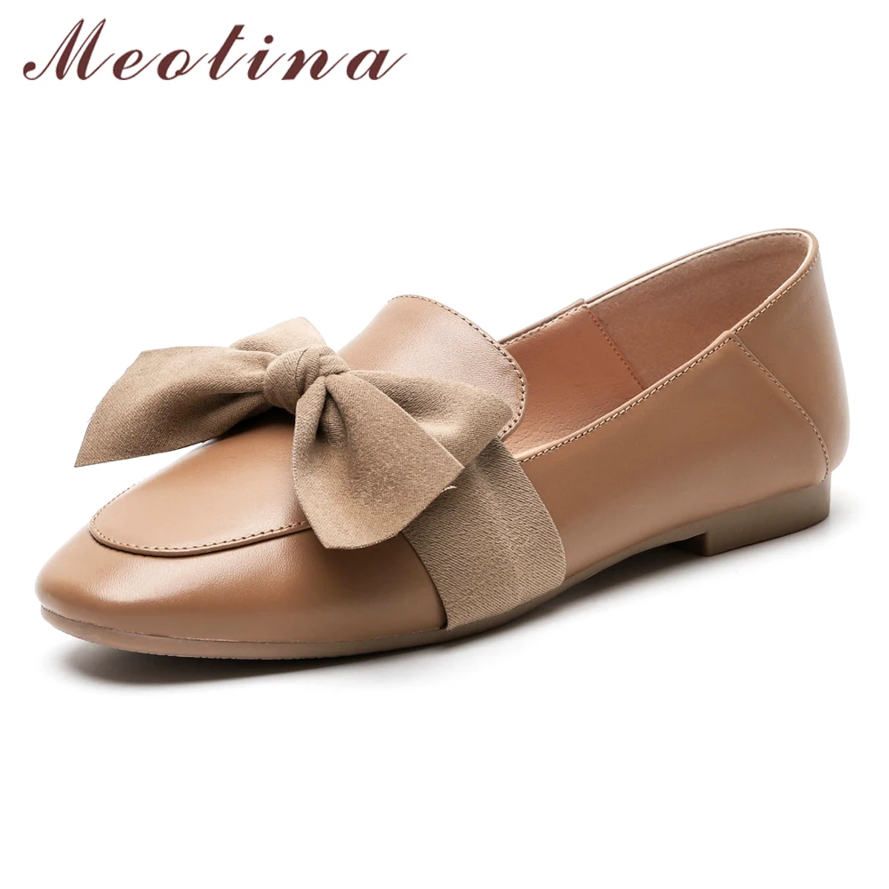 

Meotina Cow Leather Ballet Flats Shoes Women Bow Natural Genuine Leather Loafers Shoes Square Toe Boat Shoes Spring Plus Size 43