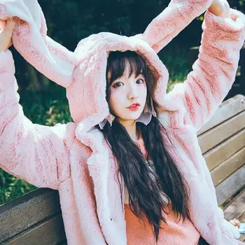 

Free Real Shipping 2019 New Winter Japanese Soft Sister More Cute Plush Warm Bunny Ears Imitation Fur Lolita Overcoat Of Woman