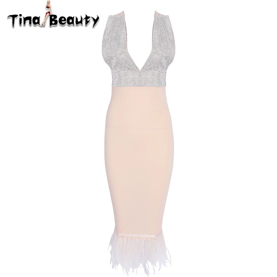 Tina beauty/вечерние абрикосовые платья для женщин, новинка, с v-образным вырезом, для вечеринки, выпускного вечера, черное платье, роскошные бриллианты, перо, женские вечерние платья - Цвет: apricot