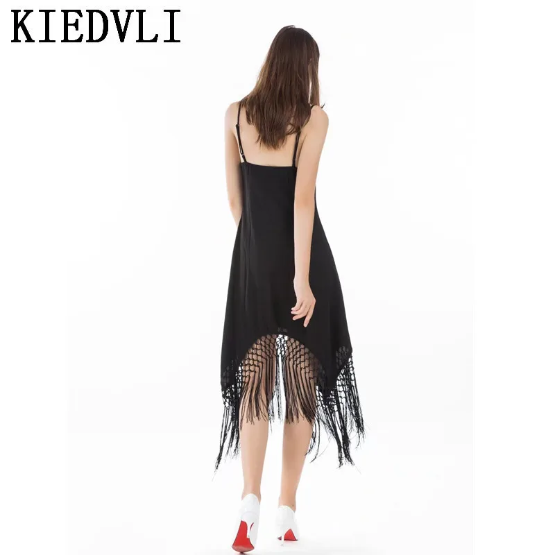 Lâche Nu 9726 Femmes Slip Sans Glands Noir D'été Robe Dos Asymétrique Kiedvli Black Manches Broderie Fringe Parti 6XwWC