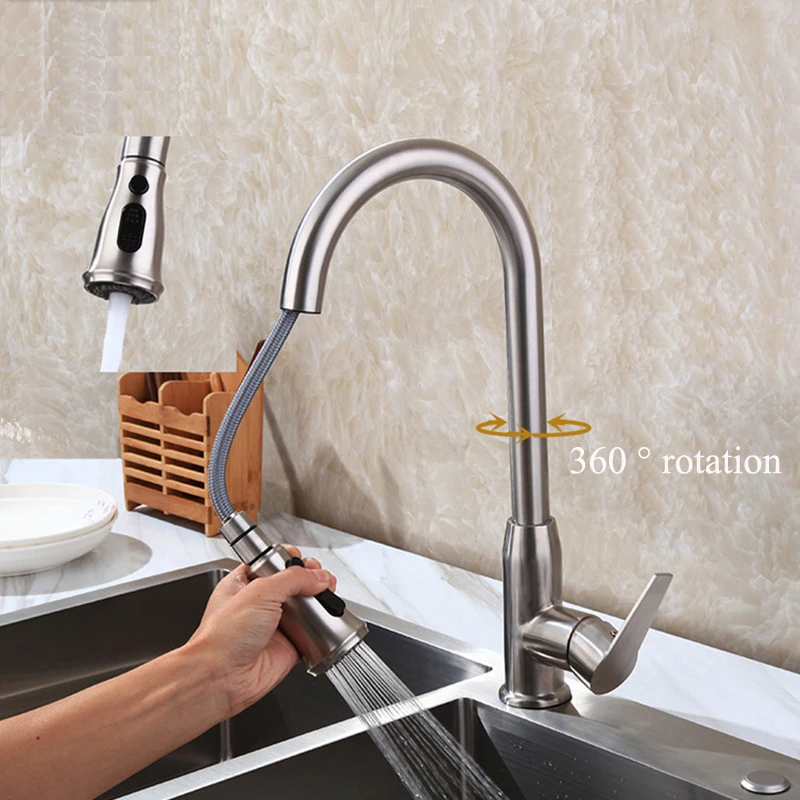 

360 Degree Rotation Pull Down Kitchen Faucet With Two Spouts Handheld Shower Brushed Kitchen Mixer Tap Deck Mounted