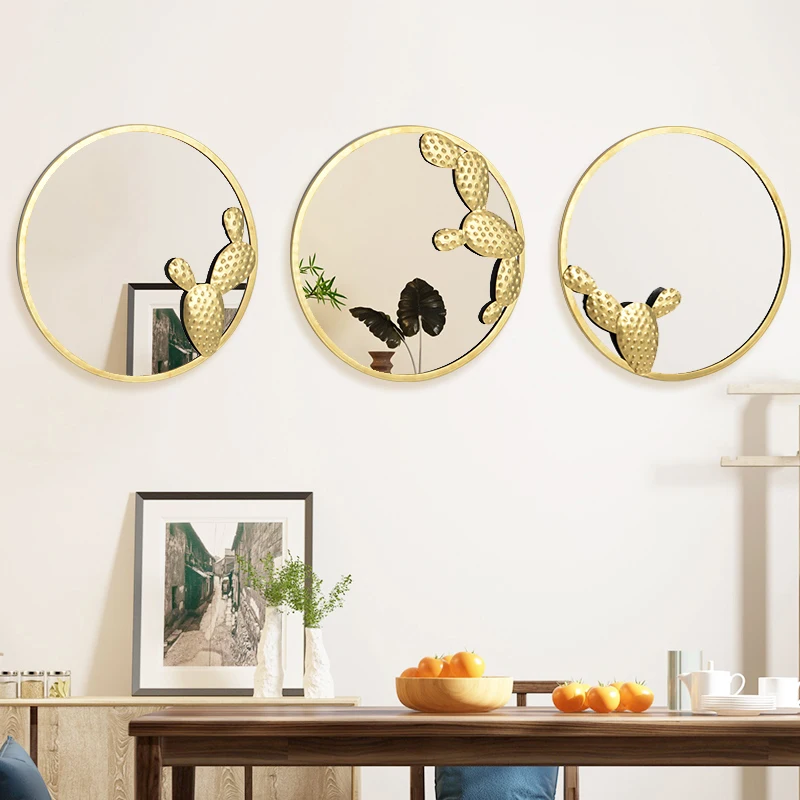 

Nordic cactus 3D ins wrought iron pendant living room backdrop wall decoration entrance metal wall decoration Round mirror