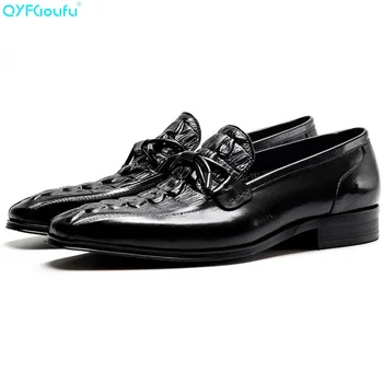

QYFCIOUFU 2019 Genuine Cow Leather Slip On Men Dress Shoes Fashion Retro Comfortable Crocodile Skin Shoes Business Casual Shoes