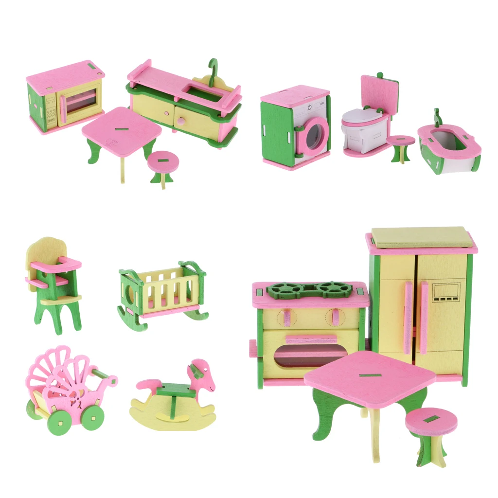 4 Sets Wooden Doll House Miniature Kitchen Bathroom Baby Room Furniture Toys Includes refrigerator, round stool and square table