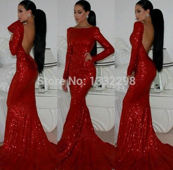 Sparkly Prom dresses 2015 Backless Mermaid Sheath Long Sleeve Fitted