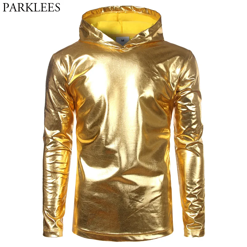 

Mens Hipster Shiny Gold Coated Metallic Hoodie T Shirt 2018 Fashion Slim Fit Night Club T-shirt Hip Hop Tops Tee Shirt Camisetas