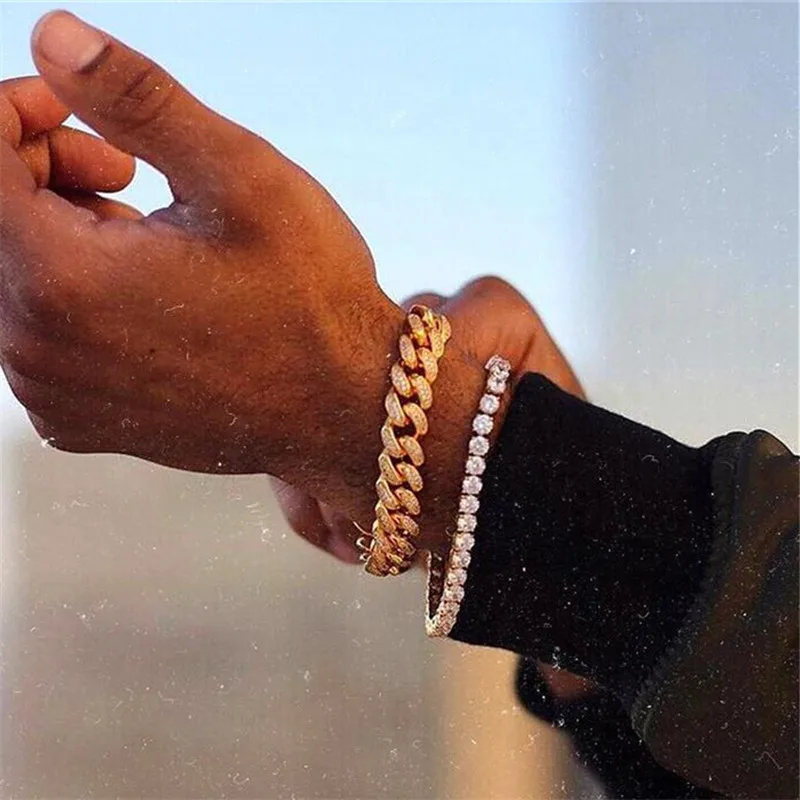 

Hip Hop 1Set Iced Out Full Rhinestone Bling Men's Bracelet Pave Gold Miami Cuban Link Chain Bracelets for Men Jewelry Dropship