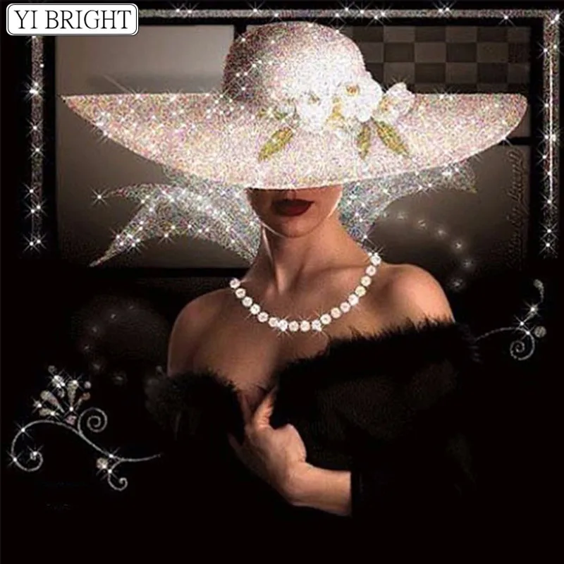 5D DIY full square  round diamond embroidery white hat woman diamond painting cross stitch rhinestone mosaic decoration WHW