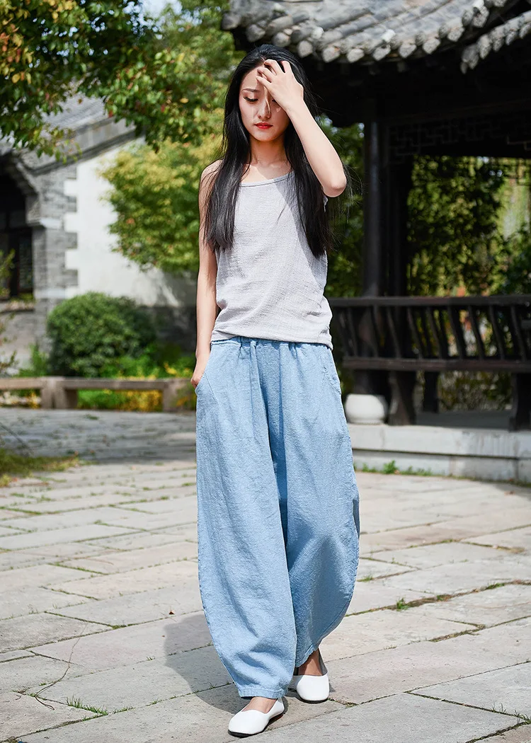 LZJN 2019 New Women Solid Color Pockets Loose Pants Vintage Elastic Waist Cotton Linen Wide Leg Full Length Pants (16)