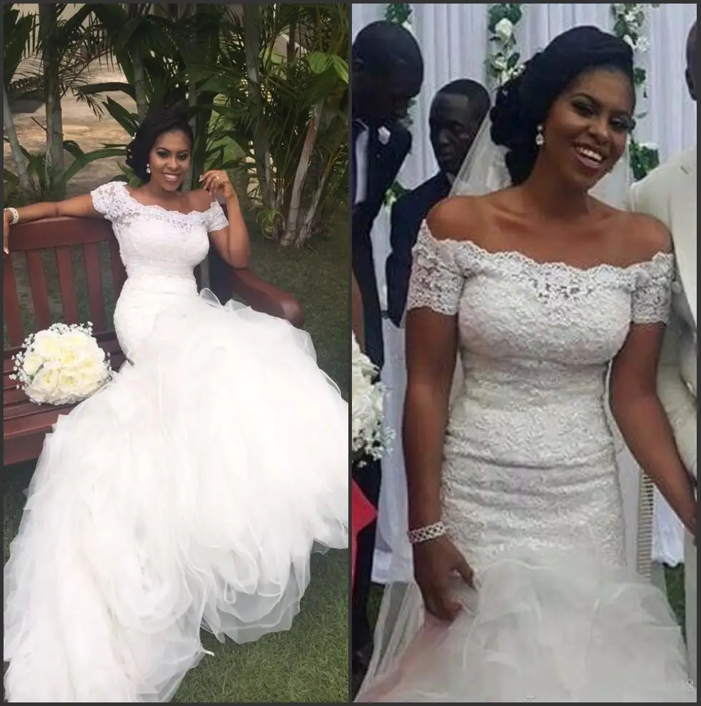 

New Short Sleeve Wedding Gown Bride Dress Off the Shoulder Lace Appliques Mermaid Wedding Dress 2019
