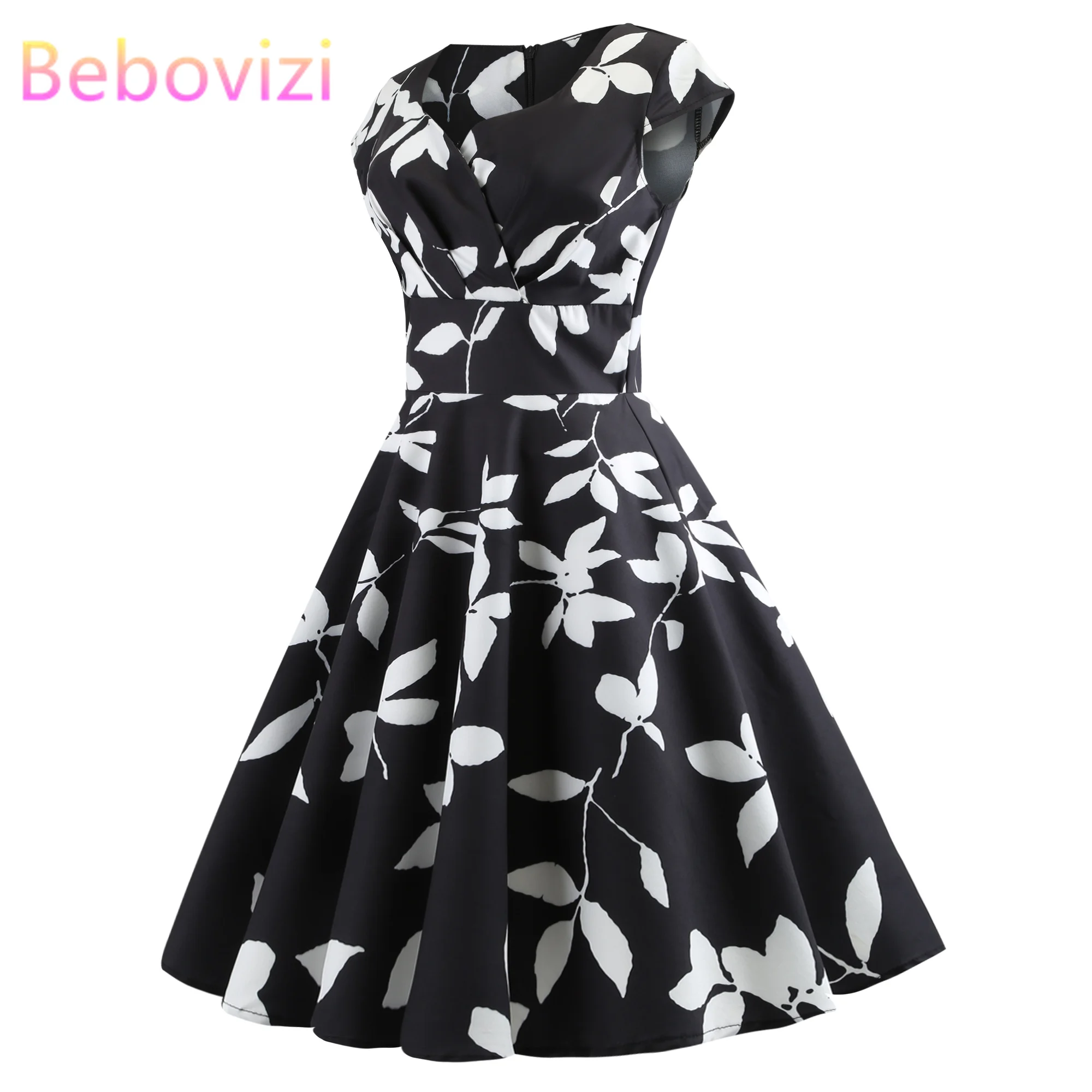 

Bebovizi Fashion Women 2019 Summer Black Short Plus Size Dresses Hepburn 50s Vintage V-Neck Sexy Casual Party Flower Print Dress