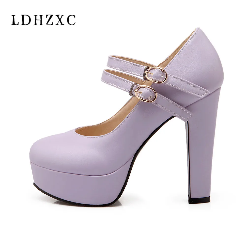 

LDHZXC 2018 spring autumn wedding Women Pumps Fashion Buckle Square High Heel Flock High Quality Ladies Pumps big size 13 14 12