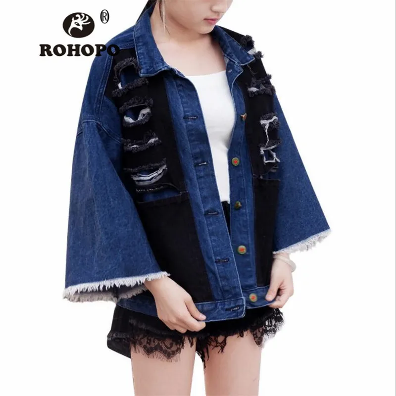 

Summer Patchwork Denim Jacket Vintage Batwing Sleeve Fashion Boyfriend Denim Loose Denim Coat Spring Retro Korean Denim Outwear