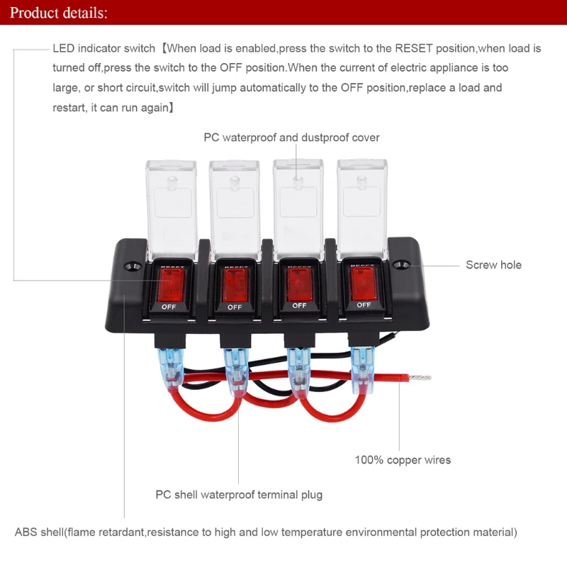 4 Gang12V Panel Waterproof Red LED Switch Circuit Breaker With Fuse For Boat Car