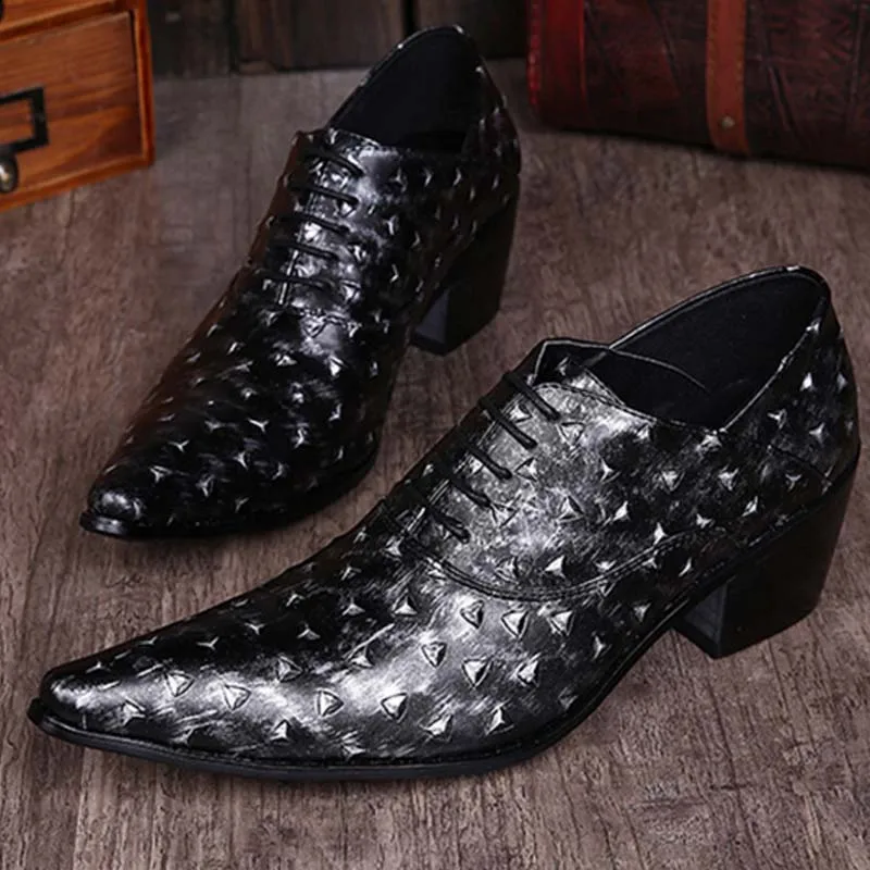 Men Fashion Rivets Casual Party Wedding Shoes Vintage Genuine Leather Pointed Toe Lace-up High Heel Business Dress Zapatos Homme