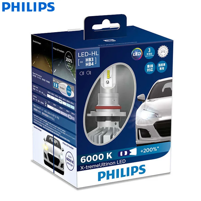 Philips X-treme Ultinon светодиодный H4 H7 H8 H11 H16 9005 9006 HB3 HB4 12 в 6000 К Автомобильный светодиодный головной светильник Автомобильные противотуманные фары+ 200% ярче(двойной - Испускаемый цвет: 9005(HB3)