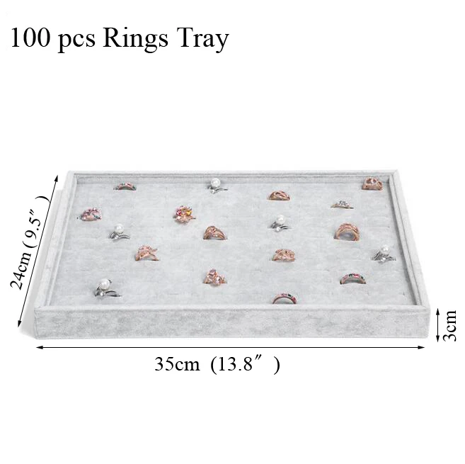 Мода ледяной серый бархат лоток ювелирных изделий ювелирные изделия коробка для хранения часы держатель ожерелье кольцо серьги кулон Дисплей Органайзер серии - Цвет: 100pcs rings tray