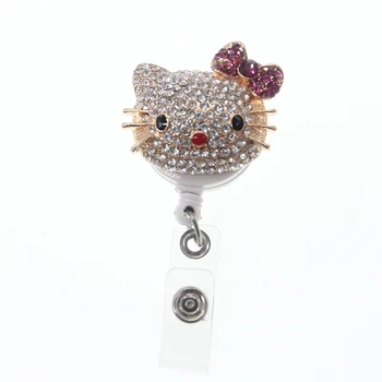 

bling rhinestone Kitty cat animal Name Card Holder Retractable Pull Badge Reel