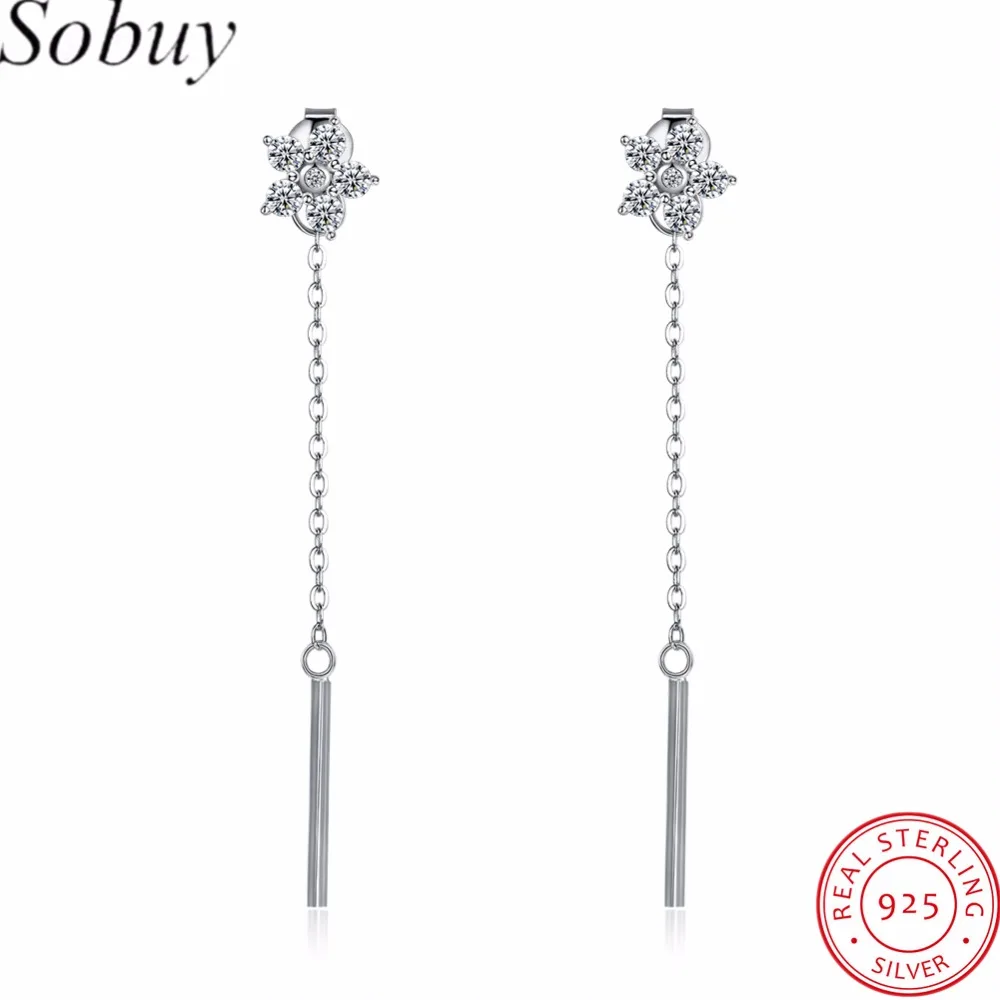 SOBUY New 925 Sterling Silver Flower Earrings for Women Long Chain AAA Zircon Ear Line Tassel Earring Bijoux | Украшения и