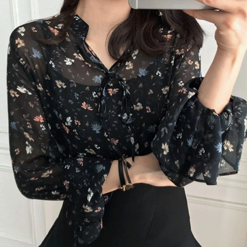

Summer Transparent Sheer Chiffon Blouse Little Flower Print Ruffles Shirt Women Chemise Femme Chemisier Blusa Mujer Camisa