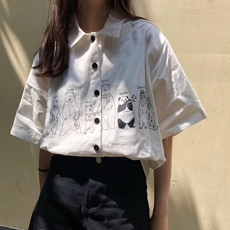 

Korean Harajuku Short Sleeve Shirts Women Casual Loose Cartoon Animals Print Chic Blouse Tops Student Summer All Match Clothing