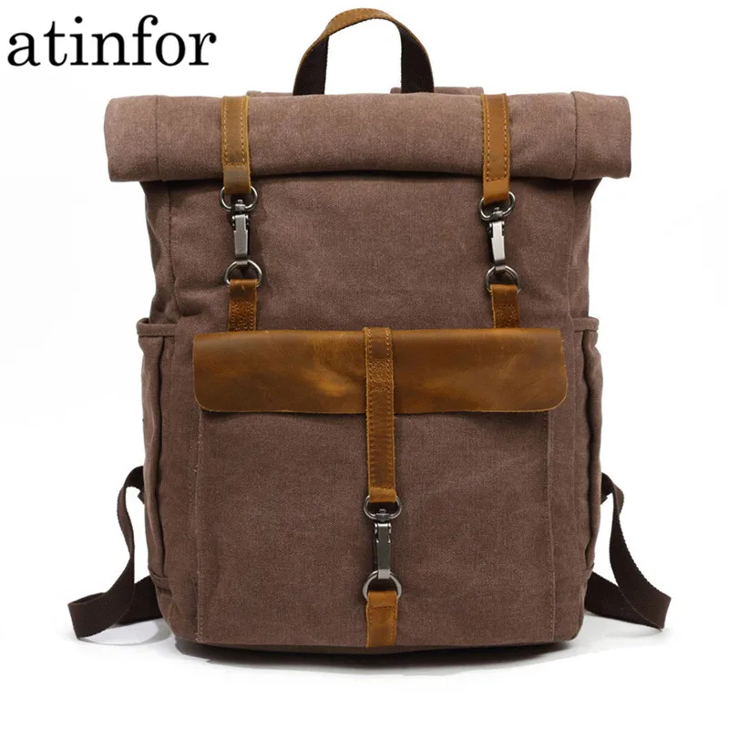 Special  Vintage Leather Waterproof Canvas Backpacks Men 15.6 inch Laptop Rucksacks Women College Student Sc