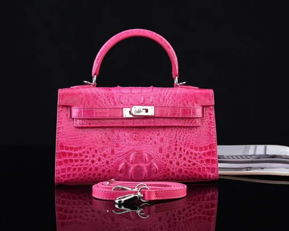 

Hot selling luxury quality 100% real genuine crocodile skin women shouder bag pink blue crocodile head skin lady bag small size