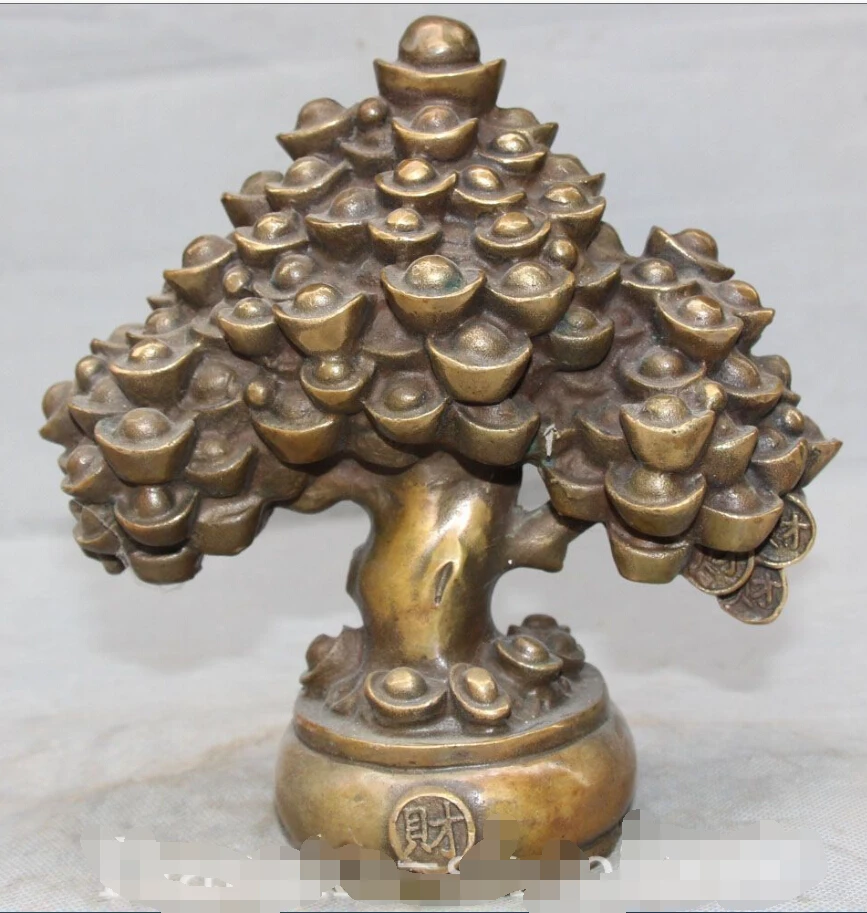 

8" Marked Chinese Fengshui Bronze Wealth Money YuanBao Shake Qian Tree Statue D0317