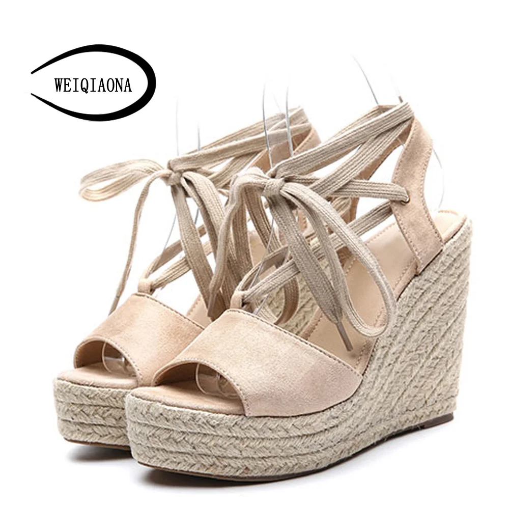 

WEIQIAONA New Summer Women Flock Cross-strap Wedge Sandals Fashion Super High Platform Open Toe Casual Ladies Shoes Beach shoes